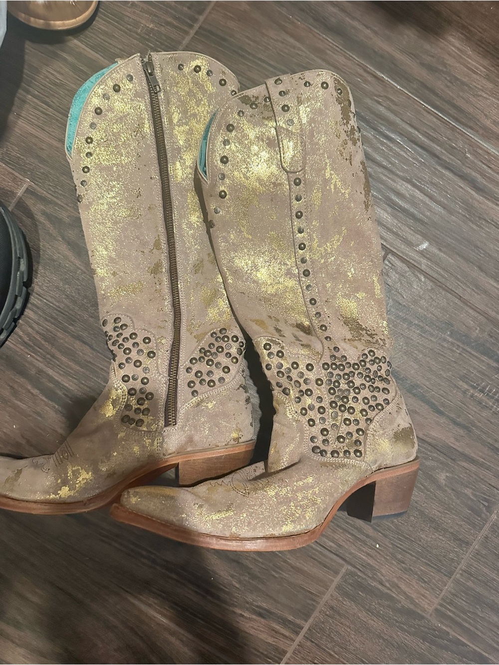 Corral Gold and Taupe Metallic Studded Knee-High Western Boots - Picture 4 of 4